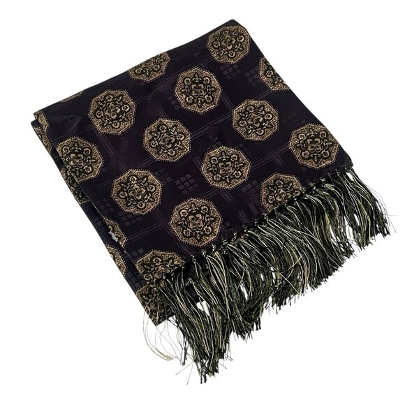 Ralph Lauren Purple Label Silk Scarf Wrap Medallion Fringe Purple Gold